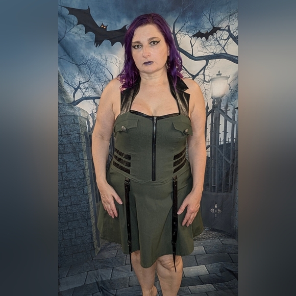 Killstar Dresses & Skirts - KILLSTAR PSY-OPS military green halter dress faux leather trim sz XL